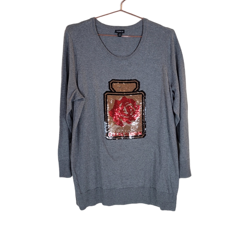 Torrid Grey Reversible Sequin Changing Sweater Si… - image 1